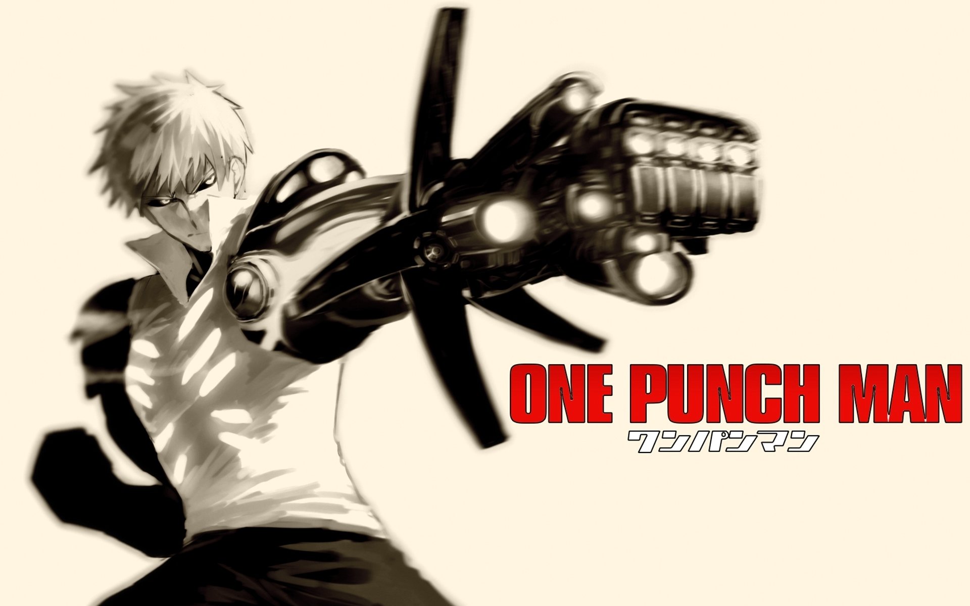 HD desktop wallpaper featuring Genos, the cyborg from One-Punch Man anime, in sepia tone with One Punch Man text on the right.