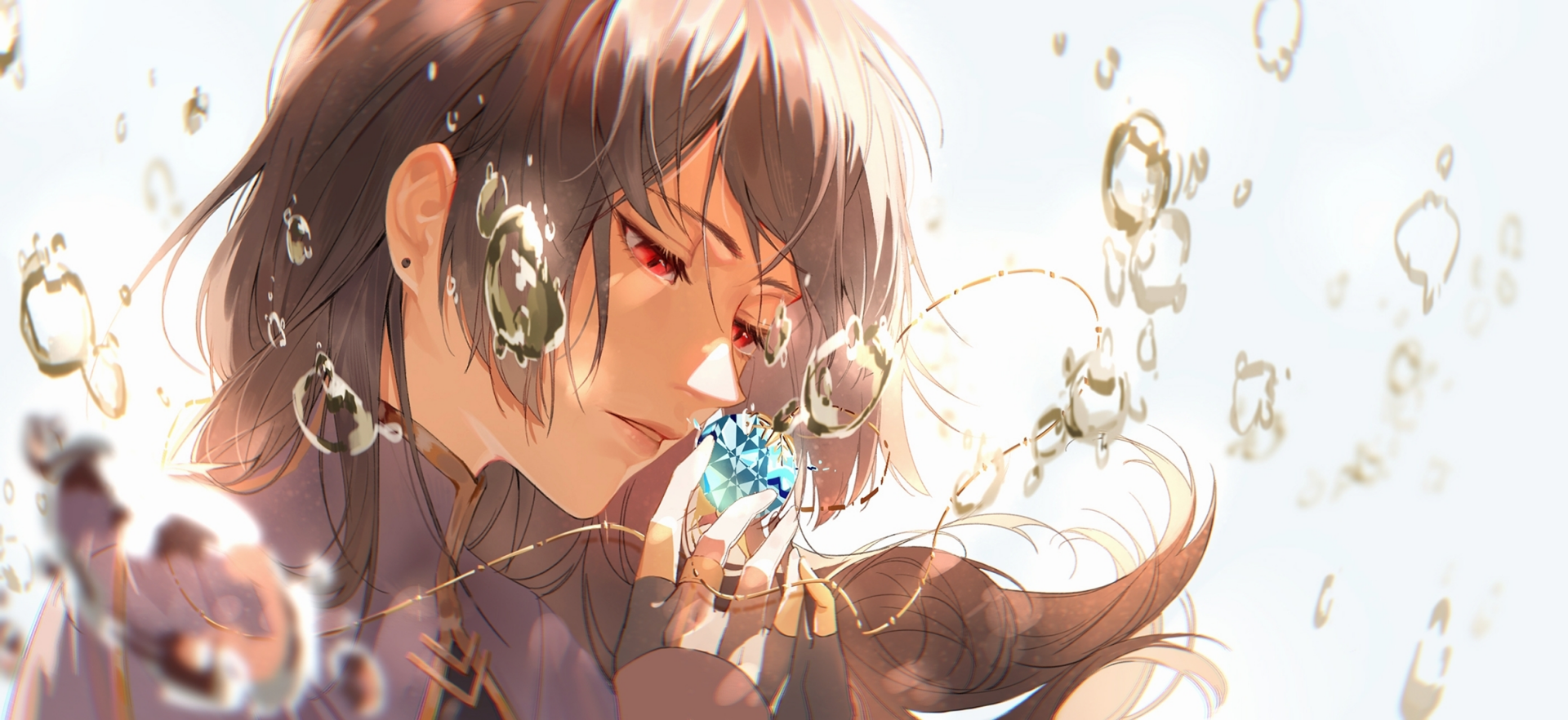 Anime girl with long brown hair and red eyes gently holds a sparkling gem surrounded by floating bubbles. This HD image serves as a vibrant PC desktop wallpaper.