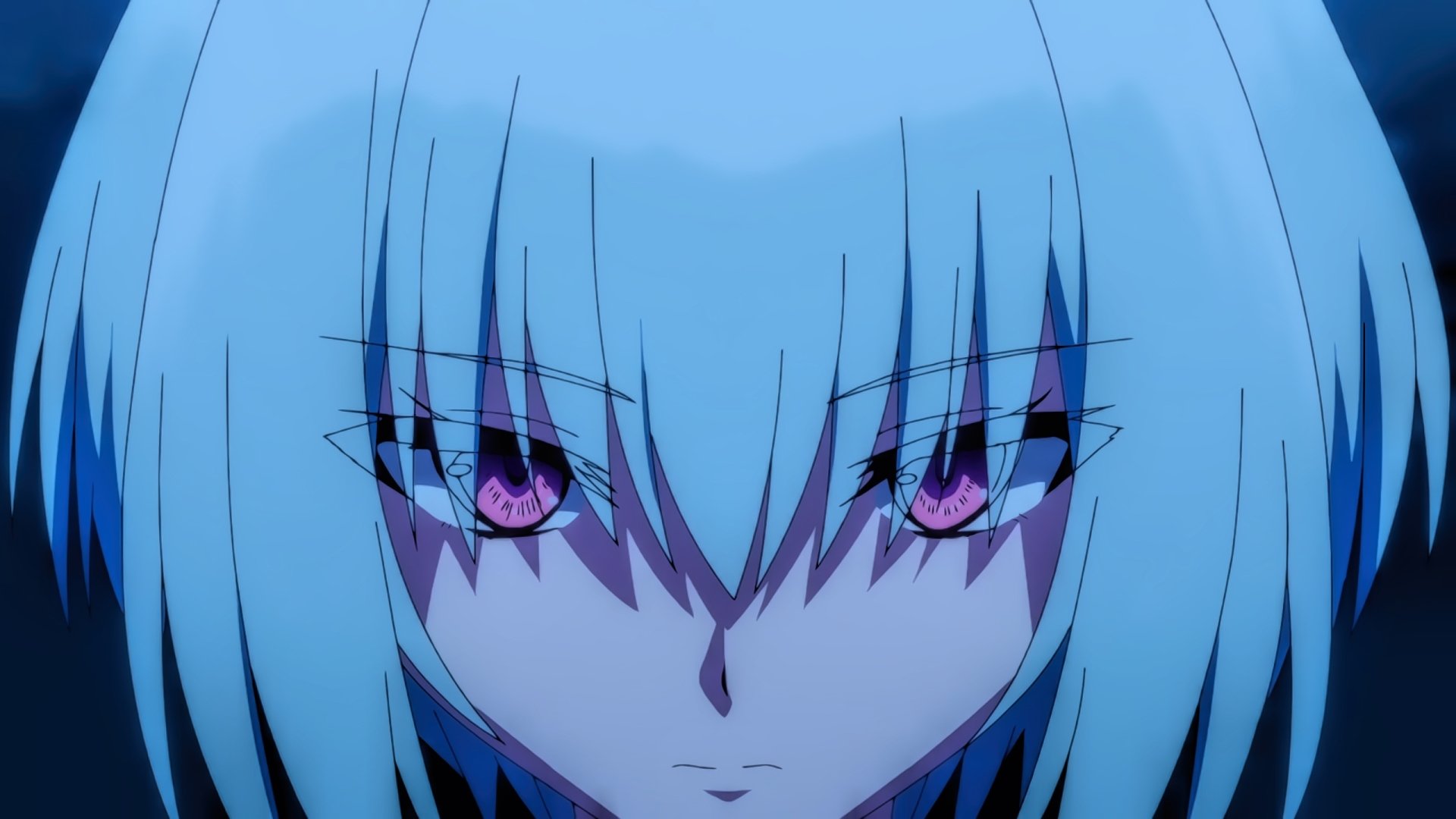 Close-up of Fitoria (The Rising of the Shield Hero) — blue hair, piercing pink eyes, face-centered anime portrait, 2K Quad HD PC desktop wallpaper.