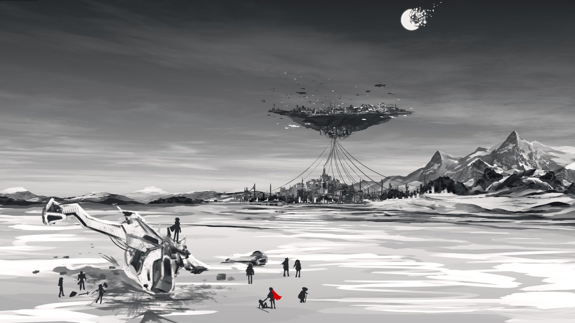 4K Ultra HD PC desktop wallpaper featuring Ruby Rose from the anime RWBY, set against a vast, futuristic snowy landscape with a floating city in the background.