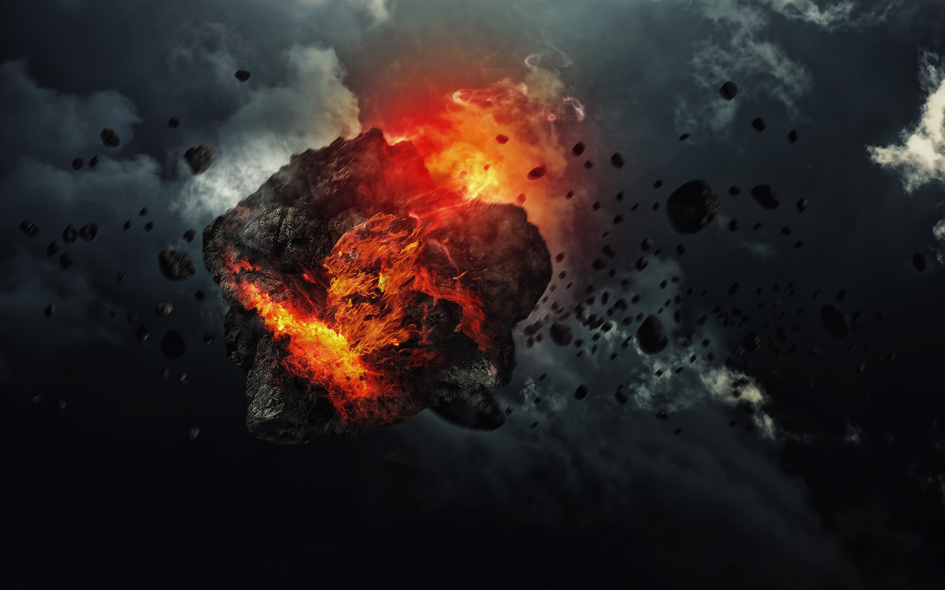 A fiery asteroid surrounded by dark clouds and debris, depicted in a high-definition sci-fi desktop wallpaper and background.