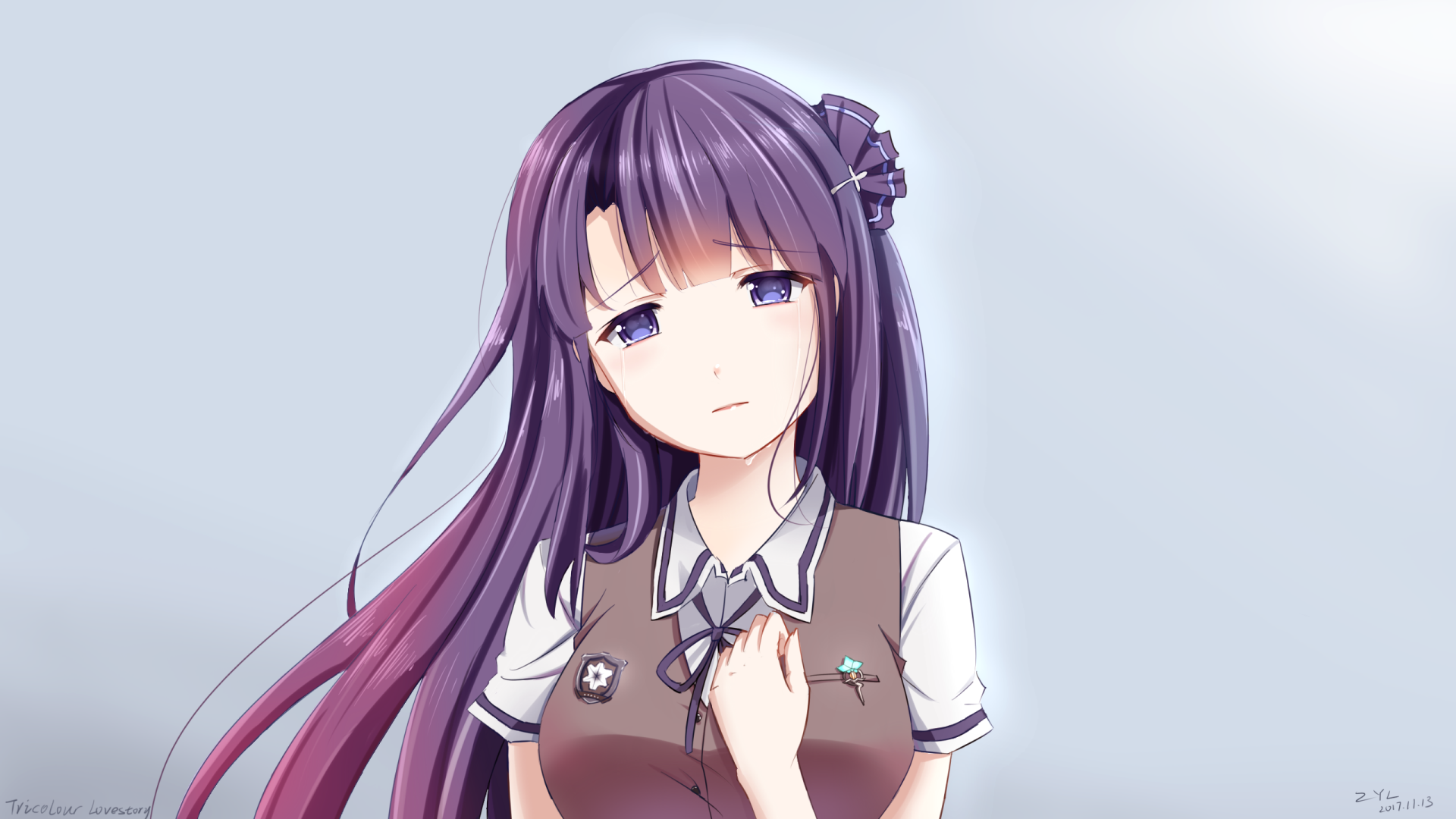 HD anime-style original illustration of a girl with long purple hair and a school uniform, designed as a detailed PC desktop wallpaper and background.