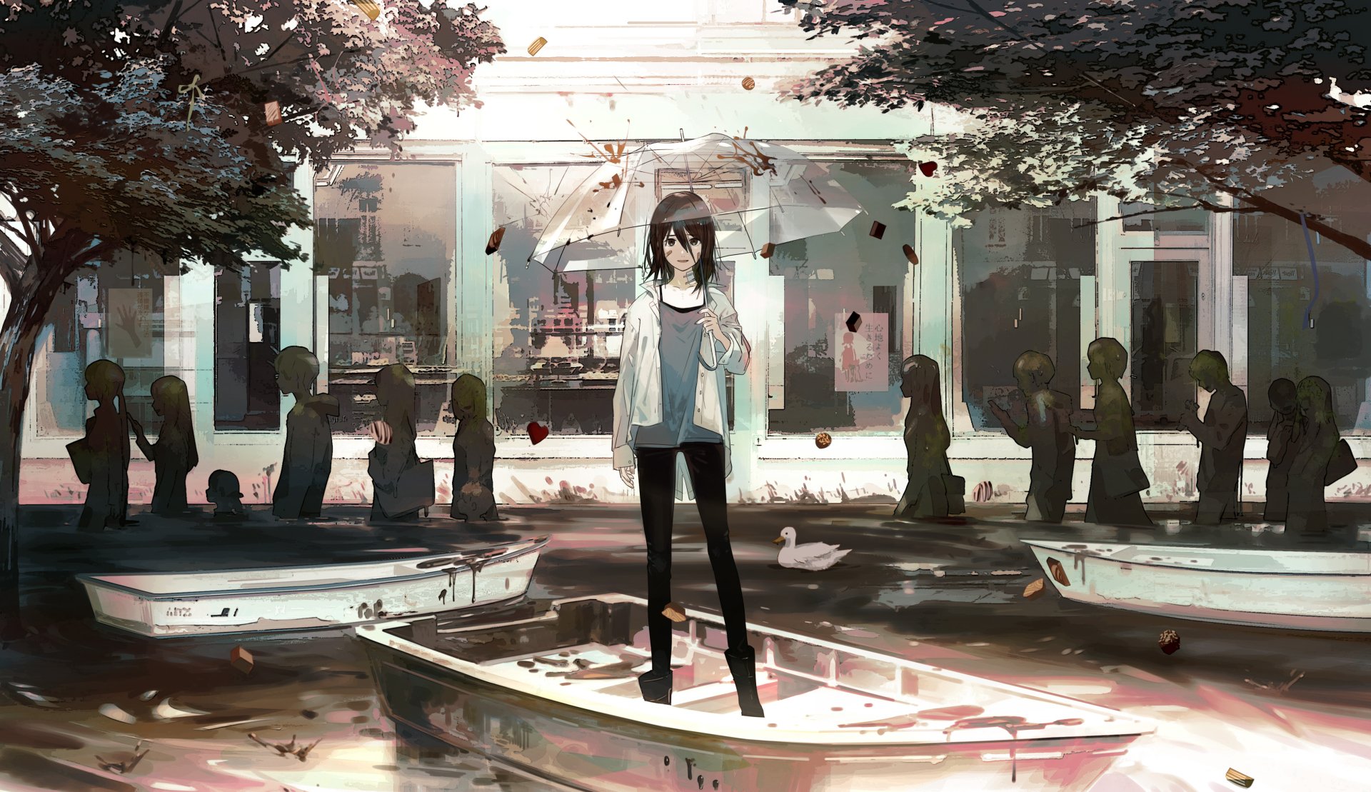 A high-definition anime desktop wallpaper featuring a person with brown hair and eyes, standing on a boat with an umbrella. The scene has a moody atmosphere with scattered leaves and surrounding trees.