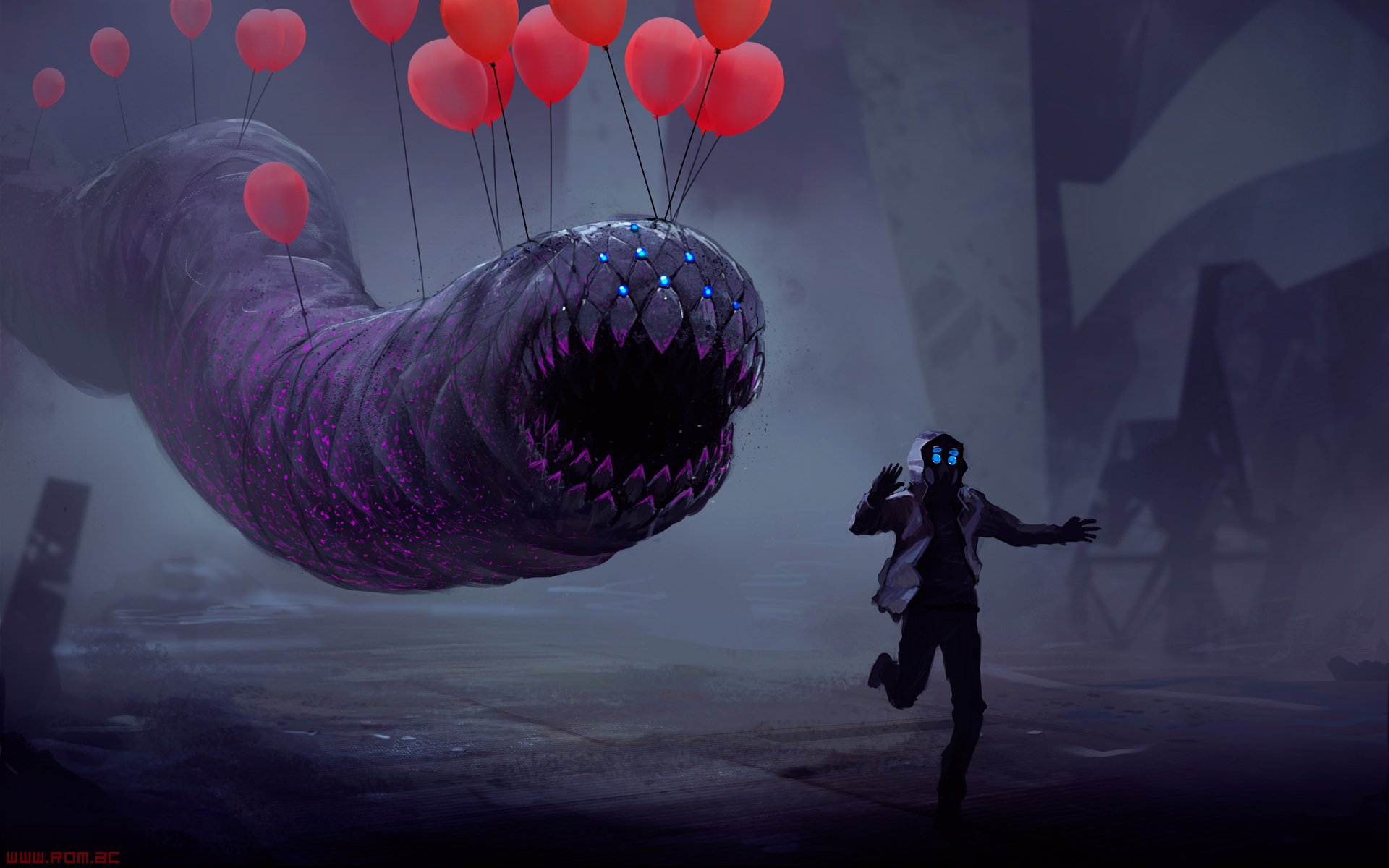 HD PC desktop wallpaper featuring a dark, creepy worm creature with glowing blue eyes and heart-shaped balloons, inspired by the comic Romantically Apocalyptic.