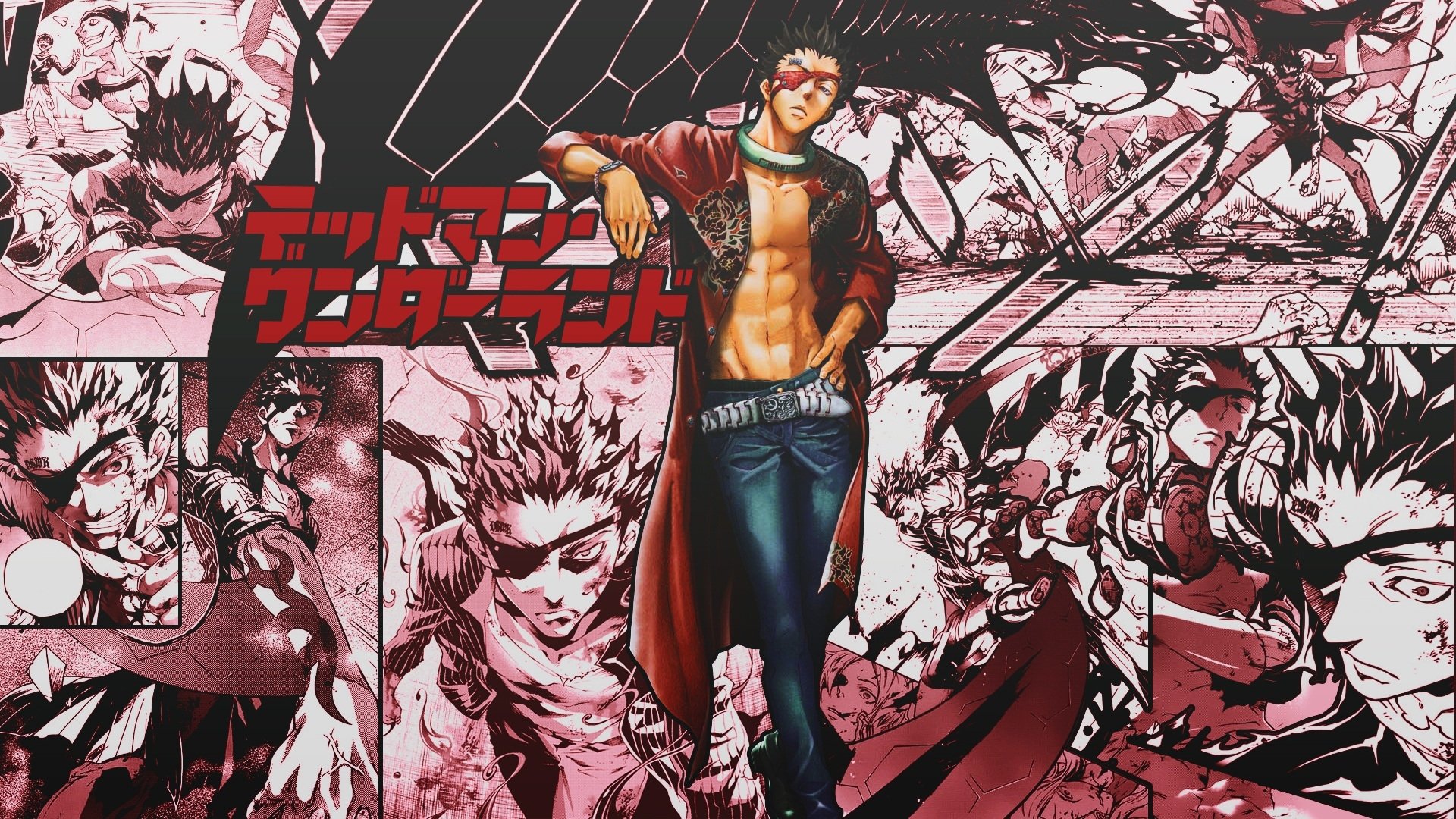 HD PC desktop wallpaper featuring Kiyomasa Senji from the anime Deadman Wonderland, showcasing dynamic action scenes and bold red and black tones.