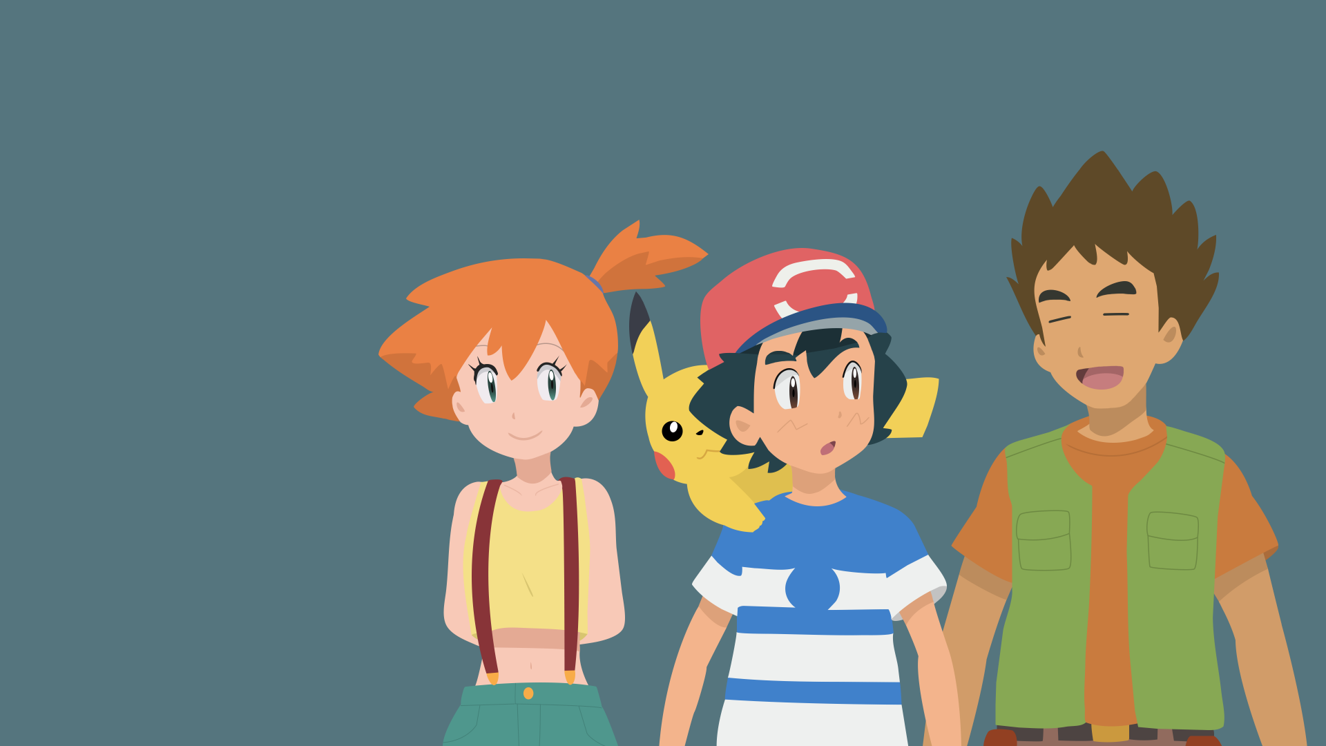 4K Ultra HD PC wallpaper of Misty, Ash Ketchum (with Pikachu on his shoulder) and Brock standing side by side against a flat teal background.