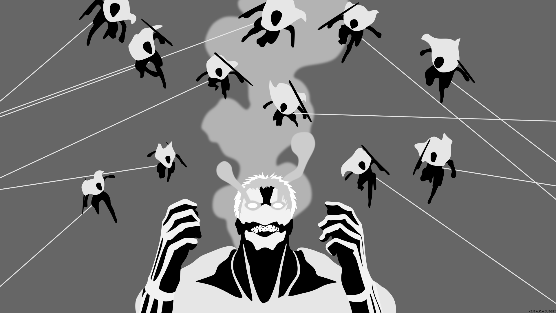 Minimalist black and white 8K Ultra HD anime wallpaper featuring the Armored Titan from Attack on Titan, depicted in bold contrast with dynamic lines and shadows.