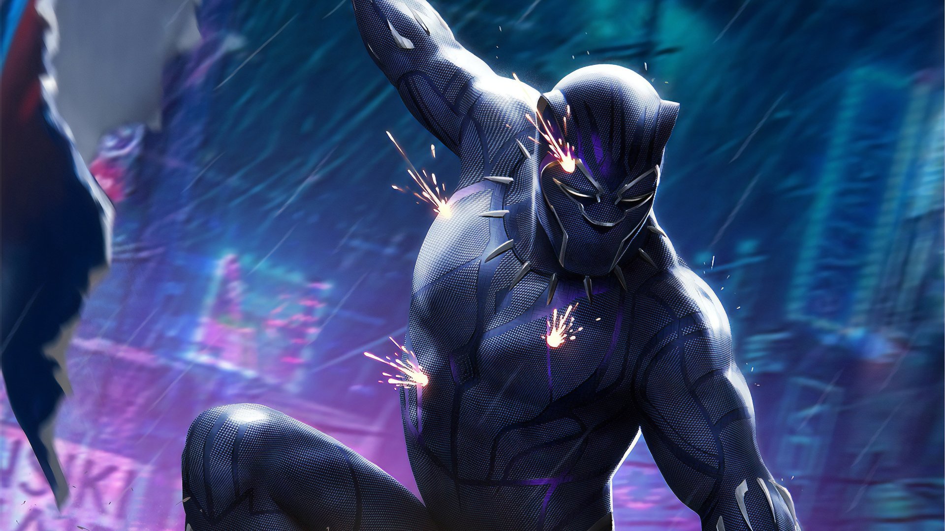 Black Panther (Marvel Comics) comic-style 4K Ultra HD PC desktop wallpaper and background: Black Panther crouched, vibranium suit sparking against a neon, rainy cityscape.