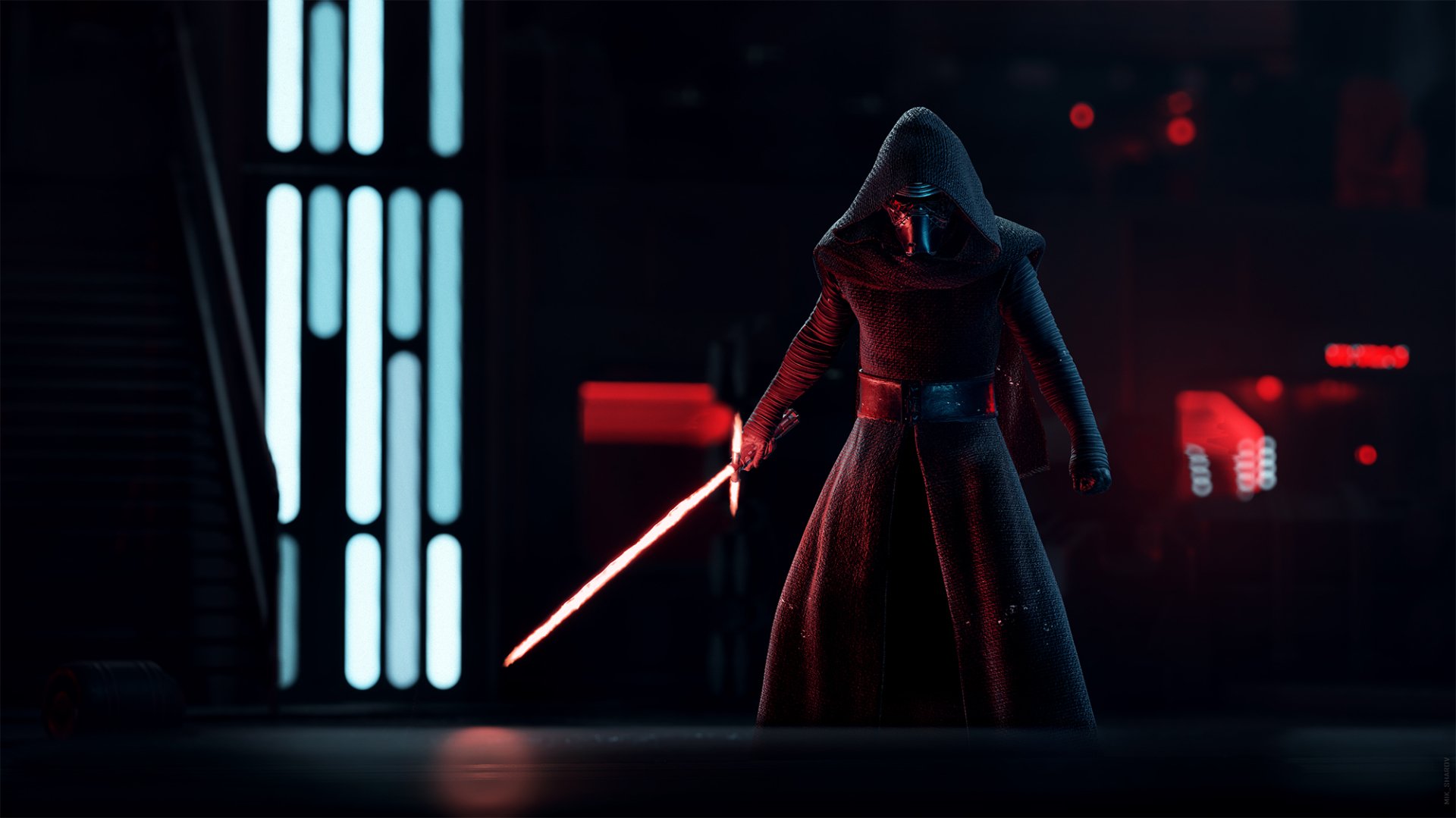 HD PC desktop wallpaper featuring Kylo Ren from the video game Star Wars Battlefront II (2017), standing with a red lightsaber in a dark, futuristic environment.
