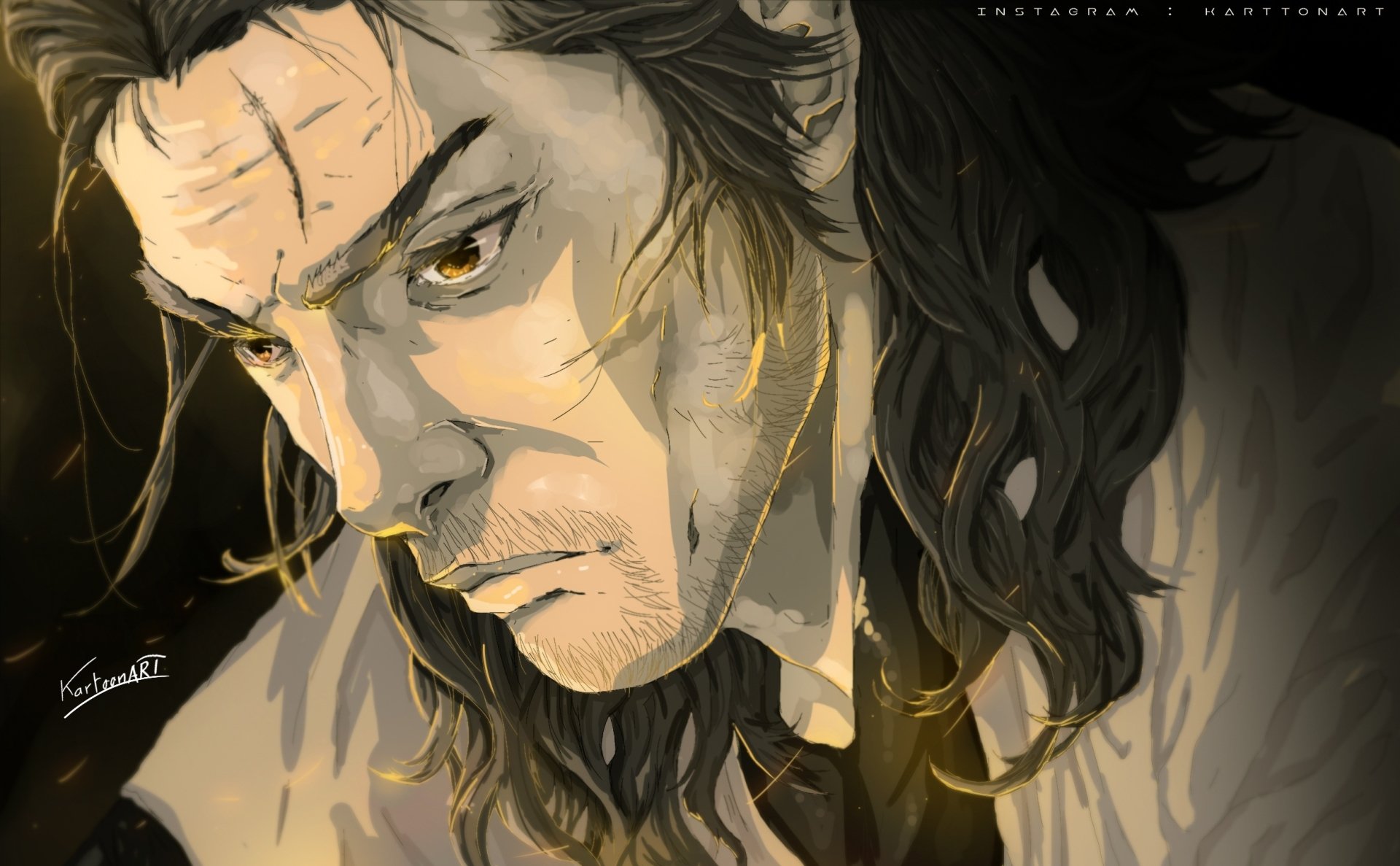 HD anime desktop wallpaper featuring a detailed close-up of Miyamoto Musashi from Vagabond with intense expression and dark, flowing hair.