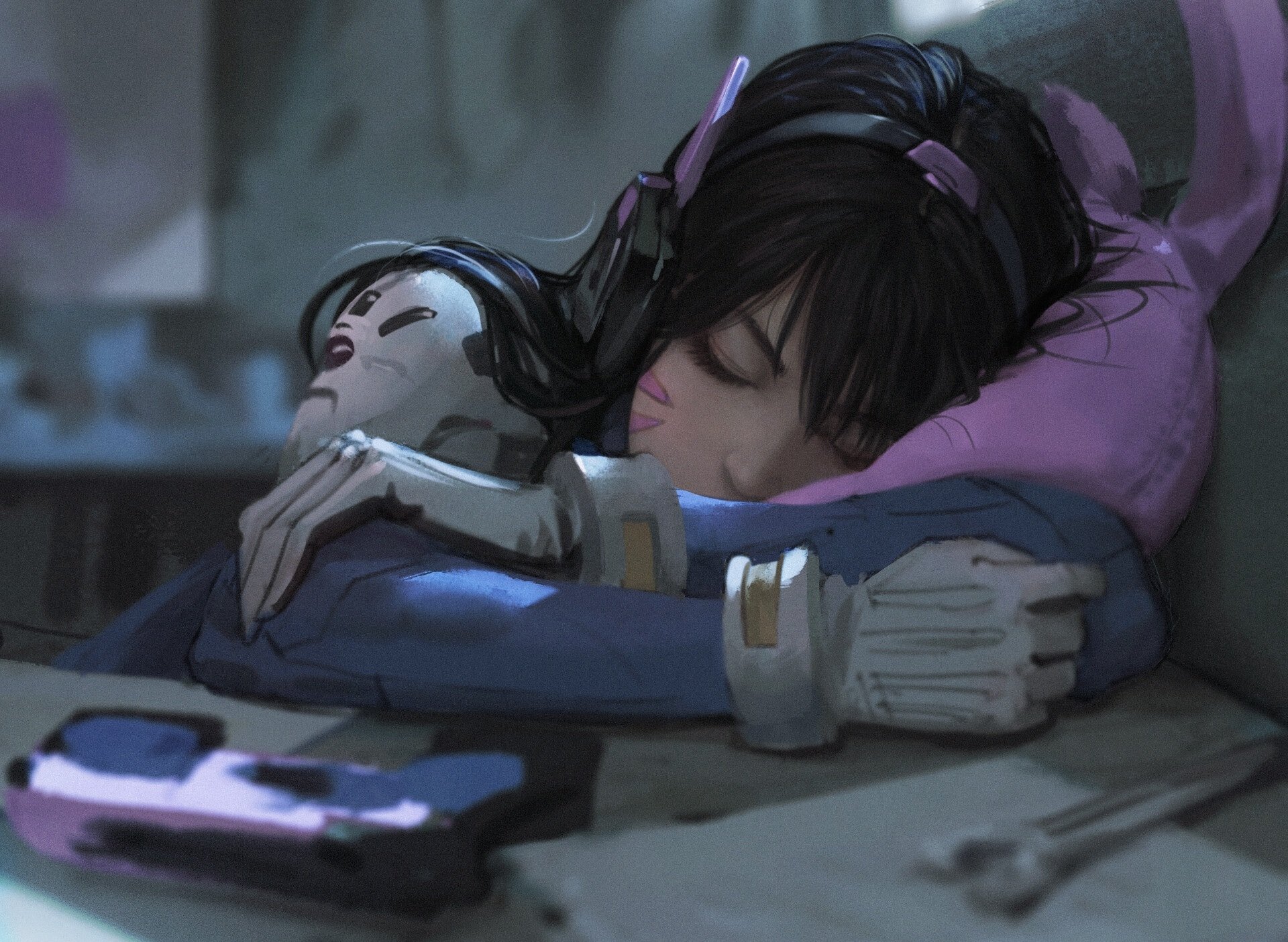 HD PC desktop wallpaper of D.Va from Overwatch, depicted peacefully resting with her head on folded arms, capturing a calm moment from the video game.