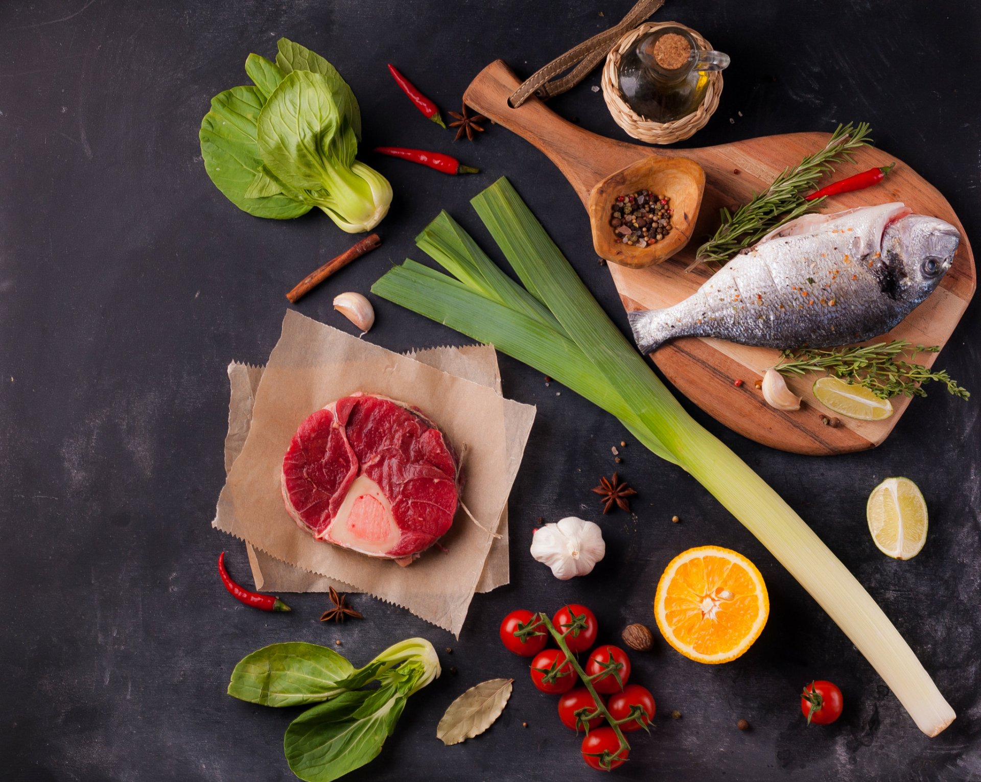 Download Oil Tomato Meat Fish Food Still Life HD Wallpaper by Dmitry Matasoff