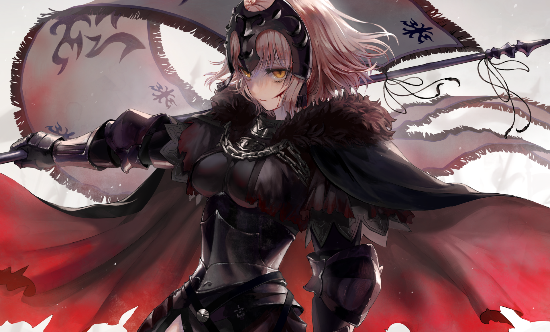 HD desktop wallpaper featuring Jeanne d'Arc Alter from Fate/Grand Order, depicted as a fierce woman warrior with short hair, yellow eyes, and a black and red armor, wielding a banner.