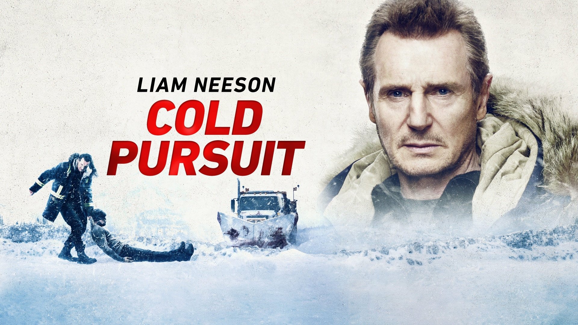 HD wallpaper of Liam Neeson in Cold Pursuit, featuring the actor and a snowy scene with action.