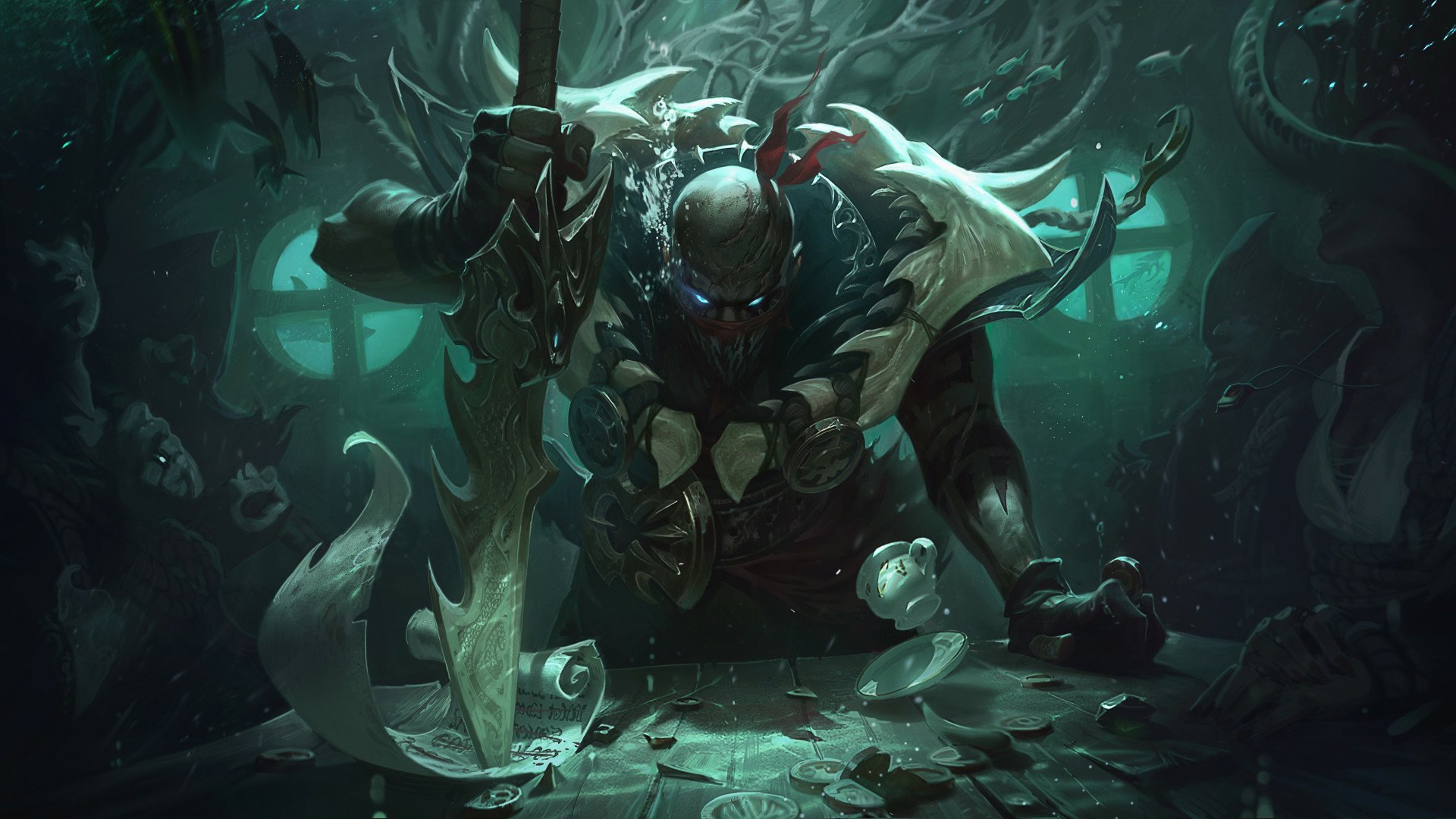 HD desktop wallpaper of Pyke from League of Legends, featuring the character in a dark, eerie underwater setting with shrouded, ghostly figures in the background.