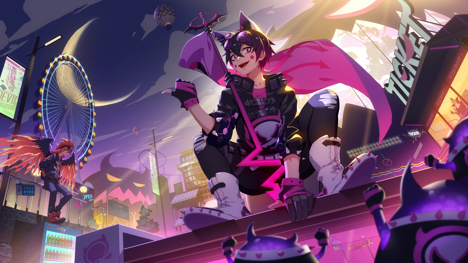 HD anime wallpaper featuring an original character with animal ears and a vibrant cityscape in the background, illuminated by neon lights, a Ferris wheel, and a lively atmosphere.