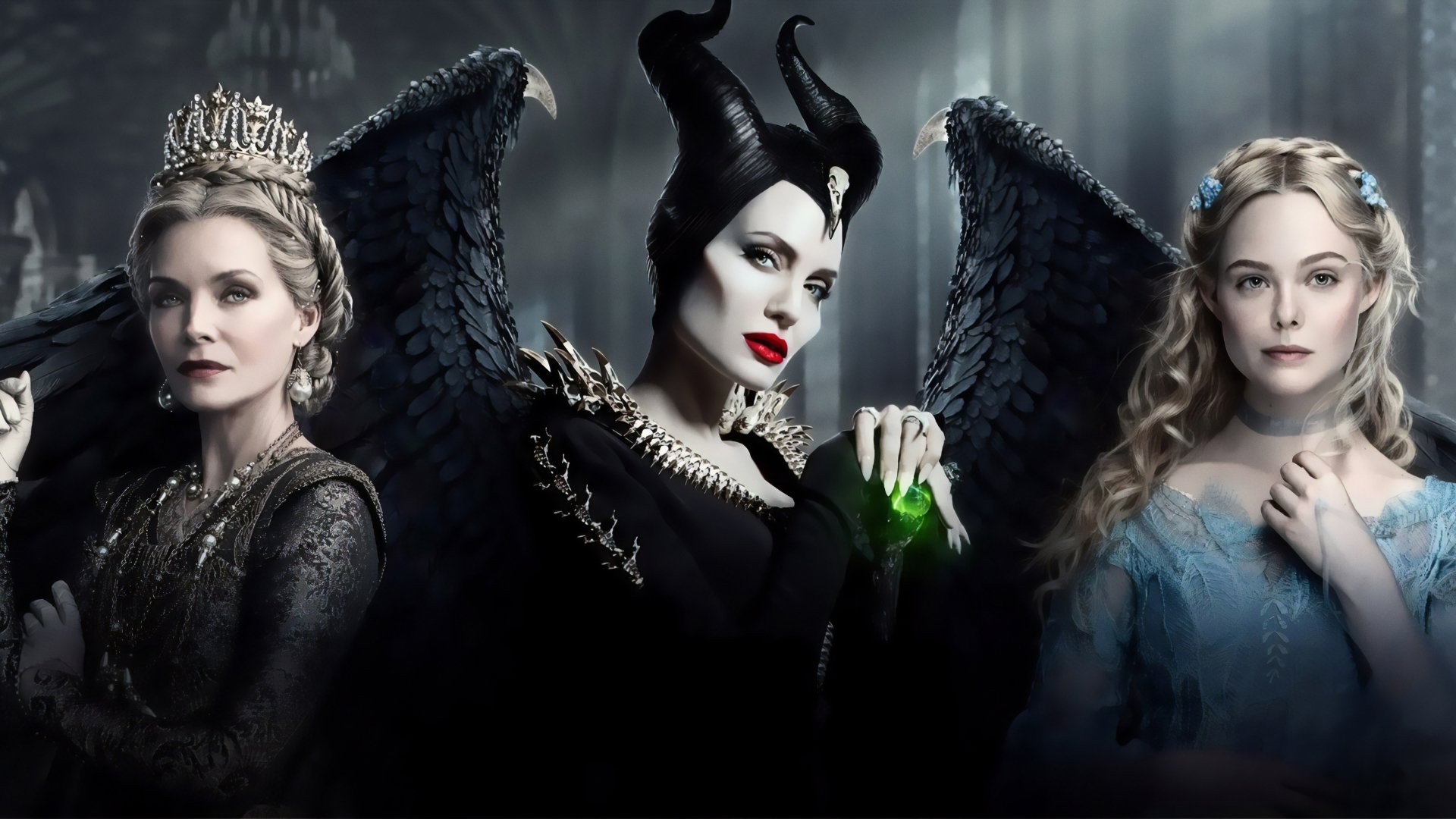 4K Ultra HD wallpaper featuring Michelle Pfeiffer, Angelina Jolie as Maleficent, and Elle Fanning in a dark fantasy movie scene.