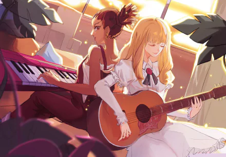 HD anime desktop wallpaper featuring Carole and Tuesday from Carole & Tuesday, with Carole playing keyboard and Tuesday strumming an acoustic guitar in a warm, glowing setting.