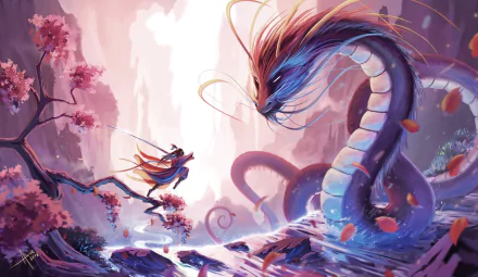 A fantasy warrior with a sword faces a majestic oriental dragon amid blooming cherry blossoms, set in a dynamic battle scene for an HD PC desktop wallpaper.
