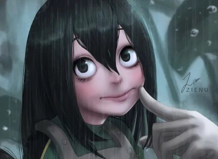HD anime wallpaper featuring Tsuyu Asui, a character from My Hero Academia, with large eyes and a subtle smile against a misty background.