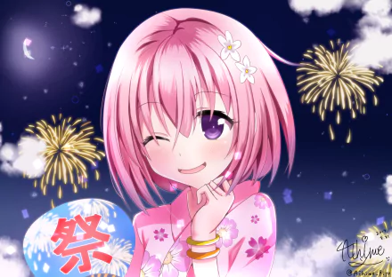 Anime character Momo Velia Deviluke from To Love-Ru: Darkness with pink hair and purple eyes, wearing a floral kimono, set against a night sky with fireworks.