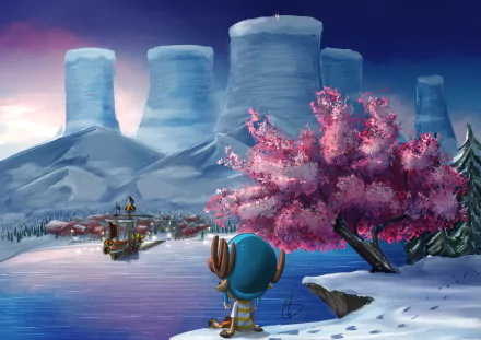 HD PC desktop wallpaper featuring Tony Tony Chopper from One Piece, with a vibrant pink tree and snowy mountainous landscape in the background.