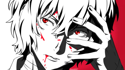 High-contrast 4K Ultra HD anime wallpaper featuring Osamu Dazai from Bungou Stray Dogs with striking red eyes and blood splatters against black and white tones.