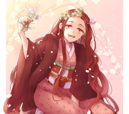 HD anime desktop wallpaper featuring Nezuko Kamado from Demon Slayer: Kimetsu no Yaiba, surrounded by cherry blossoms in a soft pink background.