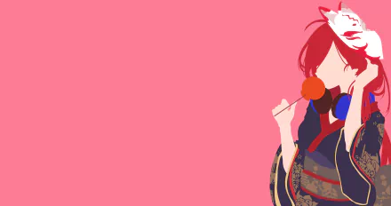 Miku Nakano from The Quintessential Quintuplets in a kimono with headphones and a lollipop against a solid pink background — 4K Ultra HD PC desktop wallpaper.