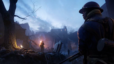 HD PC desktop wallpaper from the World War I video game Battlefield 1, depicting soldiers in a war-torn battlefield at dusk with detailed atmospheric effects.