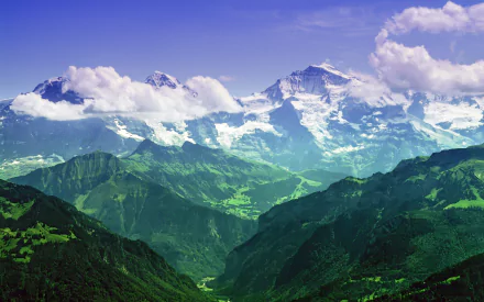 HD wallpaper of the snow-capped Bernese Alps in Switzerland, with lush green valleys and fluffy clouds above.