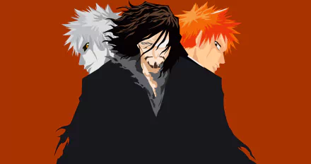 Minimalist HD desktop wallpaper featuring Hollow Ichigo with white hair, Zangetsu with dark hair, and Ichigo Kurosaki with orange hair from the anime Bleach on a solid brown background.