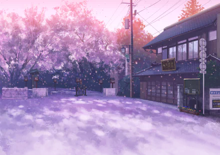 HD anime desktop wallpaper featuring vibrant cherry blossom trees in full bloom beside a traditional-style building under soft pink sunlight.
