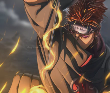 HD anime desktop wallpaper featuring Pain from Naruto with his distinctive Rinnegan eyes, wearing the Akatsuki cloak amidst fiery, dynamic energy.