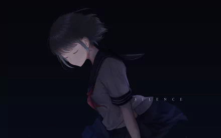 Original Anime HD PC desktop wallpaper and background: short hair girl in a school uniform, bowed in profile against a dark, moody backdrop.
