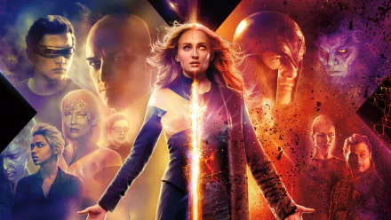 HD wallpaper featuring characters from the movie Dark Phoenix with a central figure emitting energy, surrounded by other key figures in a vibrant, contrasting color scheme.