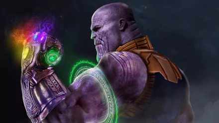 HD desktop wallpaper featuring Thanos with the Infinity Gauntlet from Avengers: EndGame, set against a cosmic background.