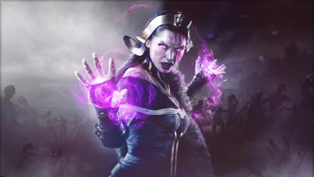 HD PC desktop wallpaper featuring Liliana from Magic: The Gathering, depicted casting purple magic with an intense, dark fantasy background.