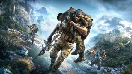 HD desktop wallpaper from Tom Clancy's Ghost Recon Breakpoint, showcasing warriors with guns in a rugged mountain landscape by a river.
