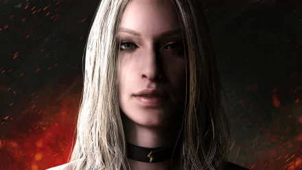 HD PC desktop wallpaper of Trish (Devil May Cry 5 video game): close-up of her pale face, long blonde hair and dark choker, with embers glowing in the background.