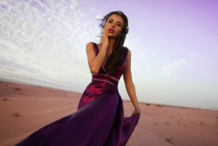 cloud brunette purple dress depth of field woman model HD Desktop Wallpaper | Background Image