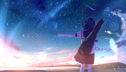 Anime wallpaper featuring a character with short blue hair and a bag, standing under a starry sky at sunset. The HD image evokes a sense of wonder and tranquility.
