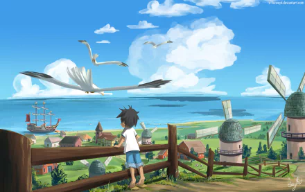 HD desktop wallpaper featuring Monkey D. Luffy from One Piece, overlooking a scenic seaside village with windmills, a ship, and large birds in a bright, clear sky.