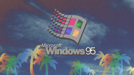 Aesthetic vaporwave HD desktop wallpaper featuring the classic Windows 95 logo with colorful palm trees and a dreamy, retro-futuristic sky background.