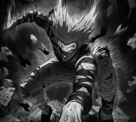 HD wallpaper from One-Punch Man featuring a dramatic monochrome depiction of the character Garou in an intense pose.