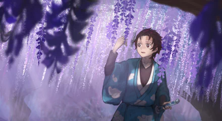 Tanjiro Kamado from Demon Slayer: Kimetsu no Yaiba in a blue kimono beneath glowing purple wisteria, holding a blossom with his sword at his waist — anime HD PC desktop wallpaper/background.