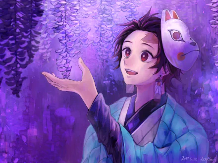 HD PC desktop wallpaper featuring Tanjiro Kamado from the anime Demon Slayer: Kimetsu no Yaiba, surrounded by glowing purple wisteria flowers and wearing a fox mask.