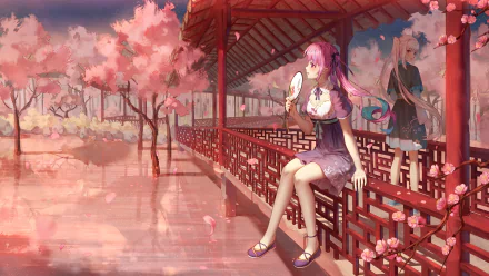 HD PC desktop wallpaper: Hololive anime Virtual YouTubers Kagura Mea and Minato Aqua on a cherry-blossom lakeside; one seated in a pavilion with a fan, petals drifting over reflective water.