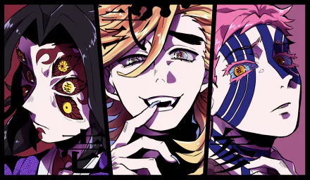 HD PC desktop wallpaper featuring Akaza, Doma, and Kokushibo from the anime Demon Slayer: Kimetsu no Yaiba in vibrant, detailed portraits.