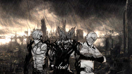 HD desktop wallpaper featuring Genos, Garou, and Saitama from One-Punch Man Season 2 standing under the rain in a dystopian cityscape.